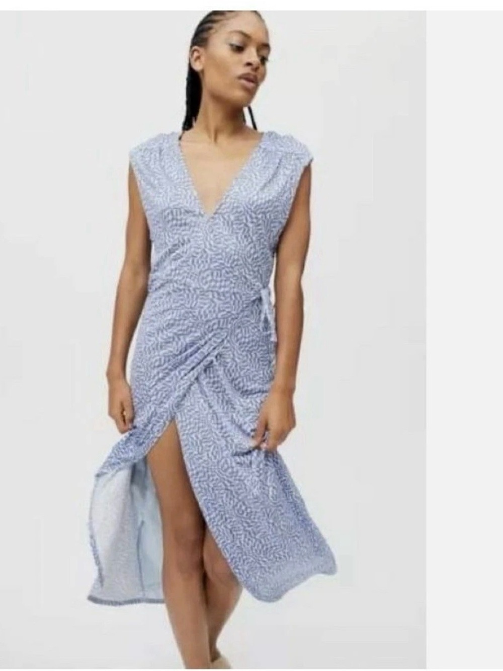 Urban Outfitters Zina Wrap Dress S Blue Geometric Midi Deep V Slit Lined